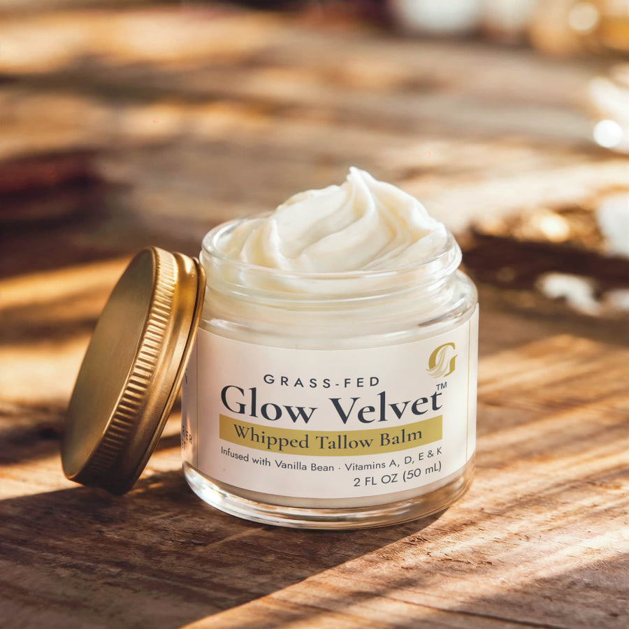 Glow Velvet whipped tallow balm, 2 fl oz glass jar